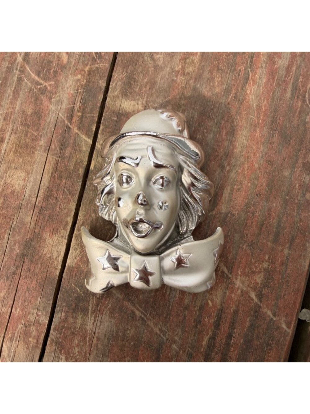 Vintage Silver-Tone Clown Brooch With Star Bowtie Pinback Accessory Retro Costum
